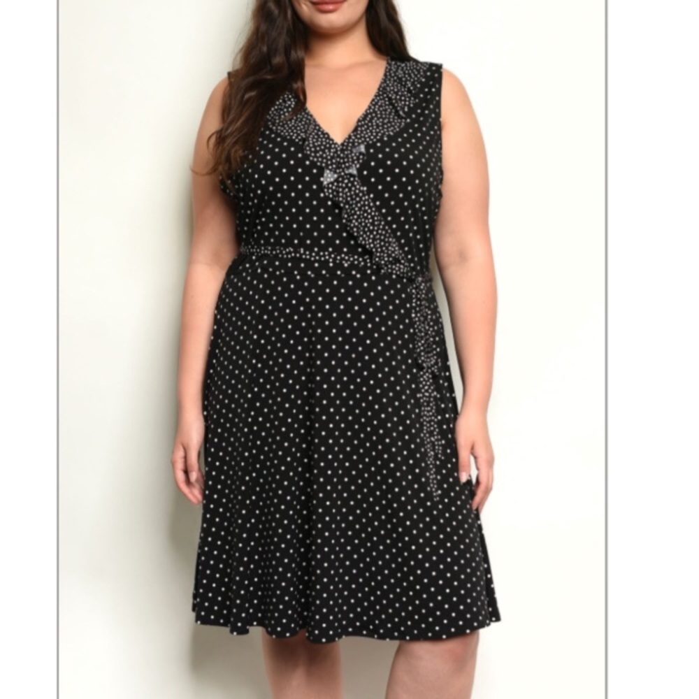 Plus Size Polka Dot Belted Fit & Flare Dress Black